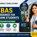 AEBAS attendance system announcement for M.Pharm students by PCI with biometric attendance device and pharmacy student illustration.
