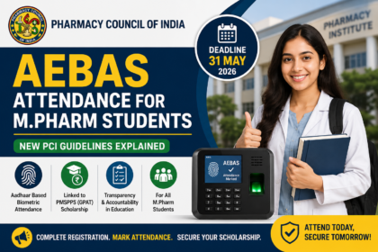 AEBAS attendance system announcement for M.Pharm students by PCI with biometric attendance device and pharmacy student illustration.
