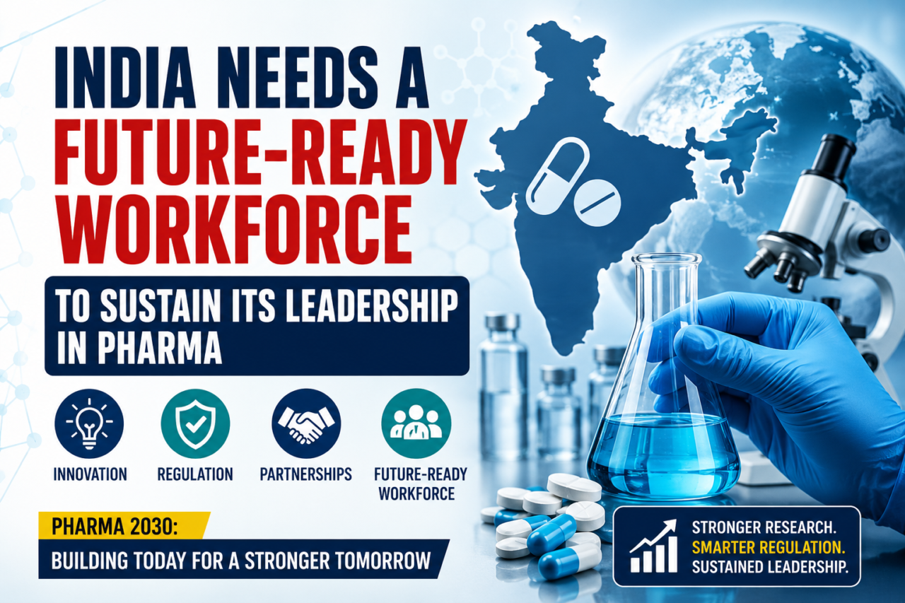 Thumbnail showing India’s pharma workforce future with laboratory equipment, medicine capsules, and innovation-focused healthcare graphics.