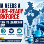 Thumbnail showing India’s pharma workforce future with laboratory equipment, medicine capsules, and innovation-focused healthcare graphics.
