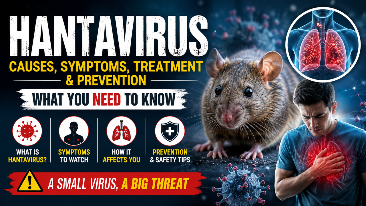 A dramatic medical awareness thumbnail about Hantavirus featuring a large rat, glowing infected lungs, virus particles, and a sick man holding his chest. Bold text highlights causes, symptoms, treatment, and prevention of Hantavirus in a high-contrast red, black, and blue design.
