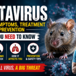 A dramatic medical awareness thumbnail about Hantavirus featuring a large rat, glowing infected lungs, virus particles, and a sick man holding his chest. Bold text highlights causes, symptoms, treatment, and prevention of Hantavirus in a high-contrast red, black, and blue design.