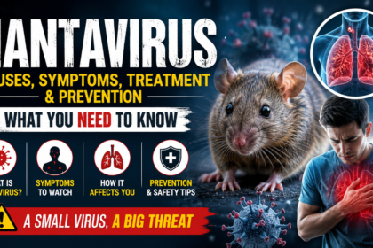 A dramatic medical awareness thumbnail about Hantavirus featuring a large rat, glowing infected lungs, virus particles, and a sick man holding his chest. Bold text highlights causes, symptoms, treatment, and prevention of Hantavirus in a high-contrast red, black, and blue design.