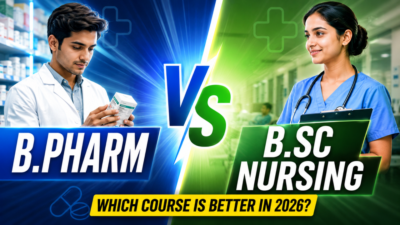 Split-screen thumbnail showing a pharmacist student on the left with blue background labeled “B.Pharm” and a nurse on the right with green hospital background labeled “B.Sc Nursing,” separated by a glowing “VS” symbol and text “Which Course Is Better in 2026?”