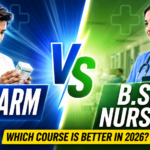Split-screen thumbnail showing a pharmacist student on the left with blue background labeled “B.Pharm” and a nurse on the right with green hospital background labeled “B.Sc Nursing,” separated by a glowing “VS” symbol and text “Which Course Is Better in 2026?”