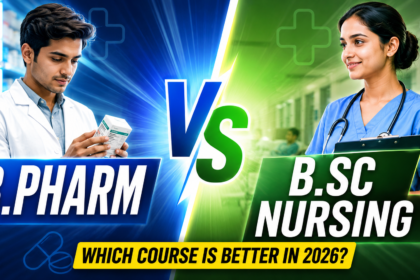 Split-screen thumbnail showing a pharmacist student on the left with blue background labeled “B.Pharm” and a nurse on the right with green hospital background labeled “B.Sc Nursing,” separated by a glowing “VS” symbol and text “Which Course Is Better in 2026?”