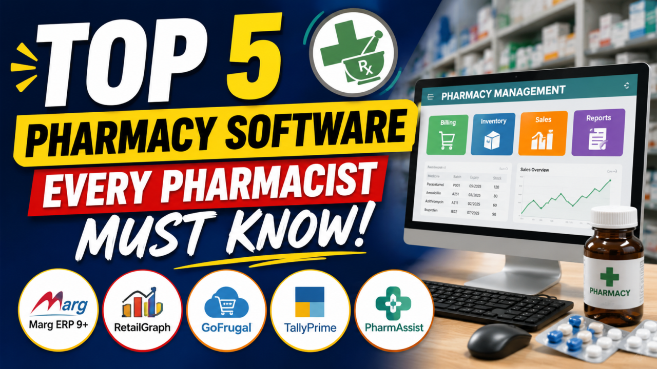 YouTube thumbnail showing “Top 5 Pharmacy Software Every Pharmacist Must Know” with pharmacy management dashboard, medical store software icons, and pharmacy-themed graphics.
