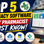 YouTube thumbnail showing “Top 5 Pharmacy Software Every Pharmacist Must Know” with pharmacy management dashboard, medical store software icons, and pharmacy-themed graphics.
