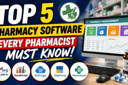 YouTube thumbnail showing “Top 5 Pharmacy Software Every Pharmacist Must Know” with pharmacy management dashboard, medical store software icons, and pharmacy-themed graphics.