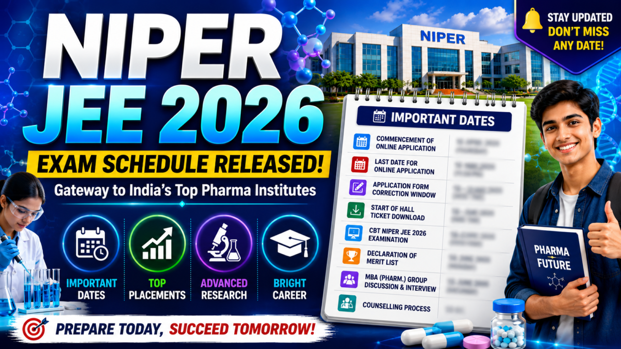 Colorful NIPER JEE 2026 educational thumbnail featuring a modern NIPER campus, pharma students, laboratory visuals, scientific graphics, and a blurred important dates schedule promoting exam updates and pharmaceutical career opportunities.