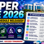 Colorful NIPER JEE 2026 educational thumbnail featuring a modern NIPER campus, pharma students, laboratory visuals, scientific graphics, and a blurred important dates schedule promoting exam updates and pharmaceutical career opportunities.