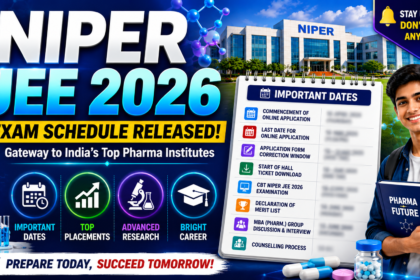Colorful NIPER JEE 2026 educational thumbnail featuring a modern NIPER campus, pharma students, laboratory visuals, scientific graphics, and a blurred important dates schedule promoting exam updates and pharmaceutical career opportunities.