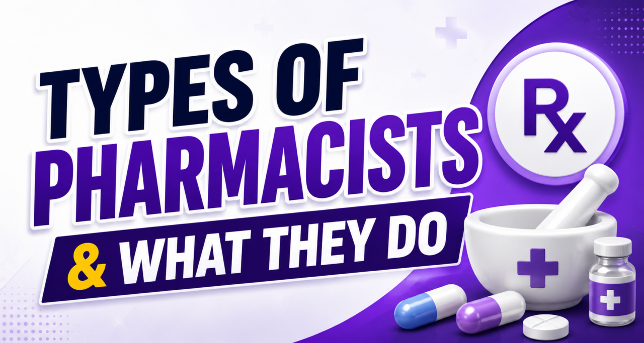 Bold pharmacy-themed thumbnail with large text “Types of Pharmacists & What They Do” alongside medical icons, capsules, and pharmacy tools in a purple and white design.