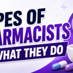 Bold pharmacy-themed thumbnail with large text “Types of Pharmacists & What They Do” alongside medical icons, capsules, and pharmacy tools in a purple and white design.