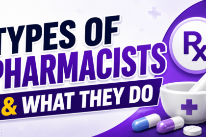 Bold pharmacy-themed thumbnail with large text “Types of Pharmacists & What They Do” alongside medical icons, capsules, and pharmacy tools in a purple and white design.