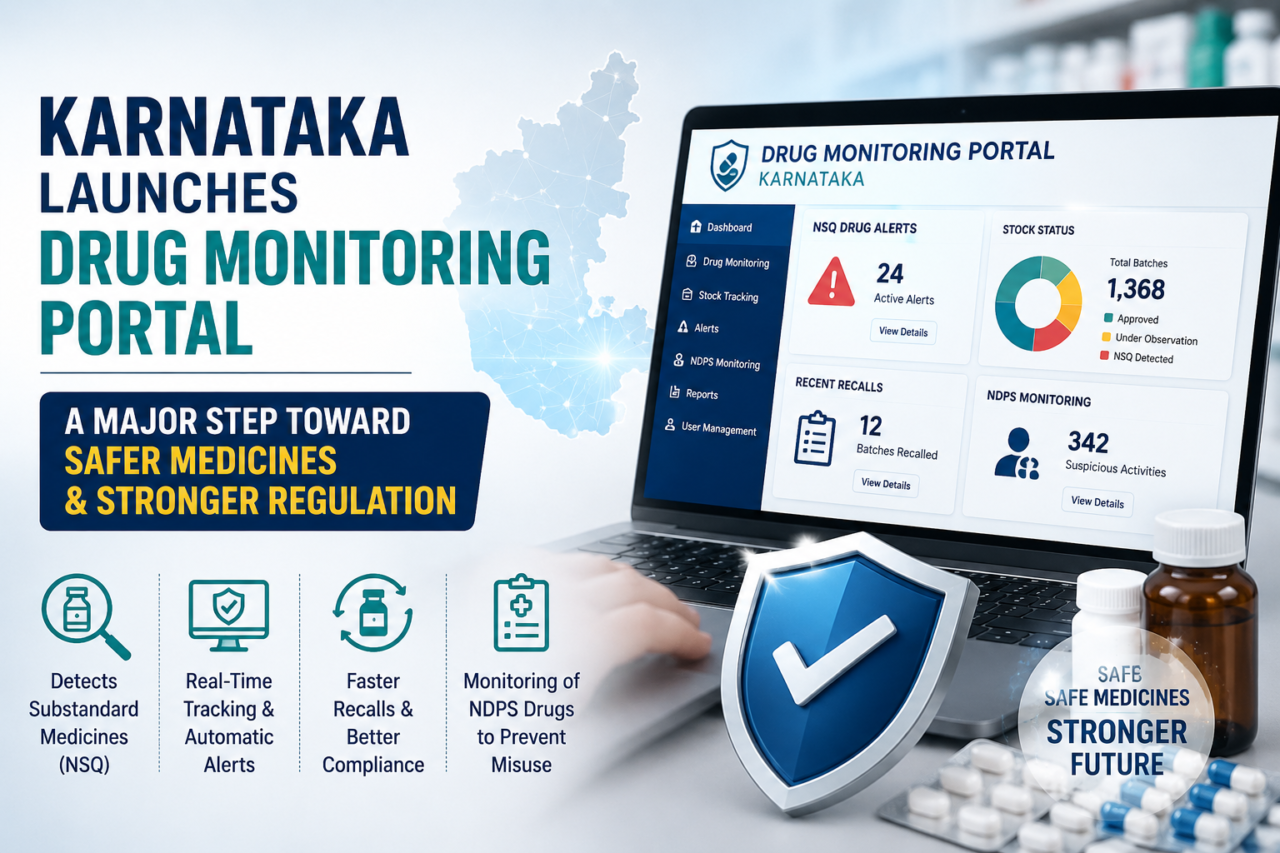 Illustration of Karnataka’s new drug monitoring portal showing real-time NSQ drug alerts, stock tracking, NDPS monitoring, and safer medicine regulation through a digital healthcare dashboard. Title:
