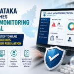 Illustration of Karnataka’s new drug monitoring portal showing real-time NSQ drug alerts, stock tracking, NDPS monitoring, and safer medicine regulation through a digital healthcare dashboard. Title: