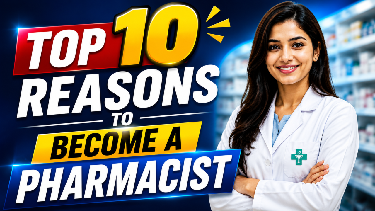 A professional YouTube thumbnail featuring a smiling female pharmacist in a white lab coat with bold text saying “Top 10 Reasons to Become a Pharmacist” on a blue background.