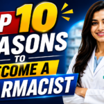 A professional YouTube thumbnail featuring a smiling female pharmacist in a white lab coat with bold text saying “Top 10 Reasons to Become a Pharmacist” on a blue background.