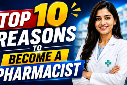 A professional YouTube thumbnail featuring a smiling female pharmacist in a white lab coat with bold text saying “Top 10 Reasons to Become a Pharmacist” on a blue background.