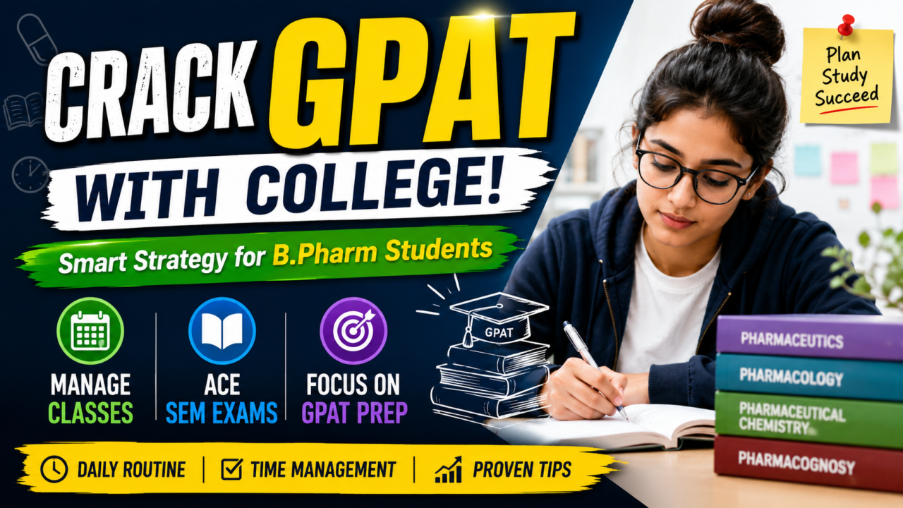 Student studying with books and notes beside bold text about cracking GPAT along with college studies, featuring time management and study strategy elements.