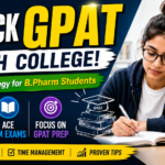 Student studying with books and notes beside bold text about cracking GPAT along with college studies, featuring time management and study strategy elements.