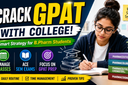 Student studying with books and notes beside bold text about cracking GPAT along with college studies, featuring time management and study strategy elements.