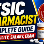 Eye-catching 16:9 YouTube thumbnail for ESIC Pharmacist complete exam guide featuring bold typography, ESIC logo, medicine bottle, capsules, and pharmacy-themed graphics on a blue background.