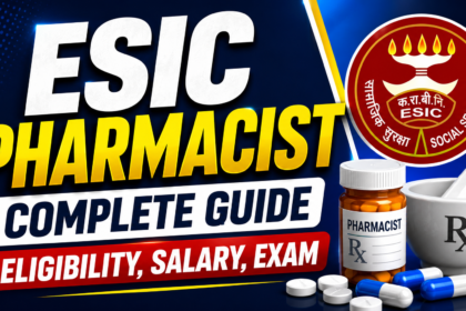 Eye-catching 16:9 YouTube thumbnail for ESIC Pharmacist complete exam guide featuring bold typography, ESIC logo, medicine bottle, capsules, and pharmacy-themed graphics on a blue background.