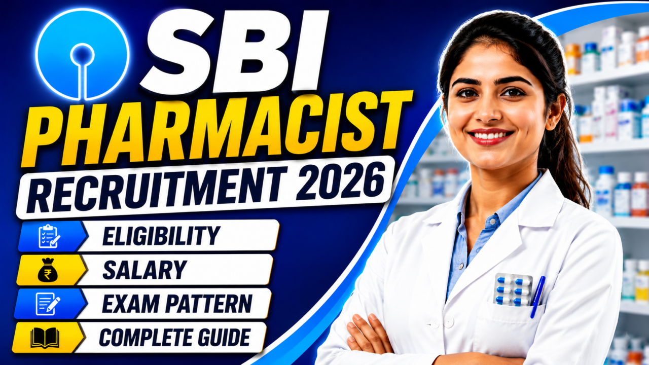 Eye-catching YouTube thumbnail for SBI Pharmacist Recruitment 2026 featuring a smiling pharmacist, SBI logo, and bold text highlighting eligibility, salary, exam pattern, and complete guide.