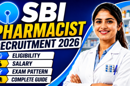 Eye-catching YouTube thumbnail for SBI Pharmacist Recruitment 2026 featuring a smiling pharmacist, SBI logo, and bold text highlighting eligibility, salary, exam pattern, and complete guide.