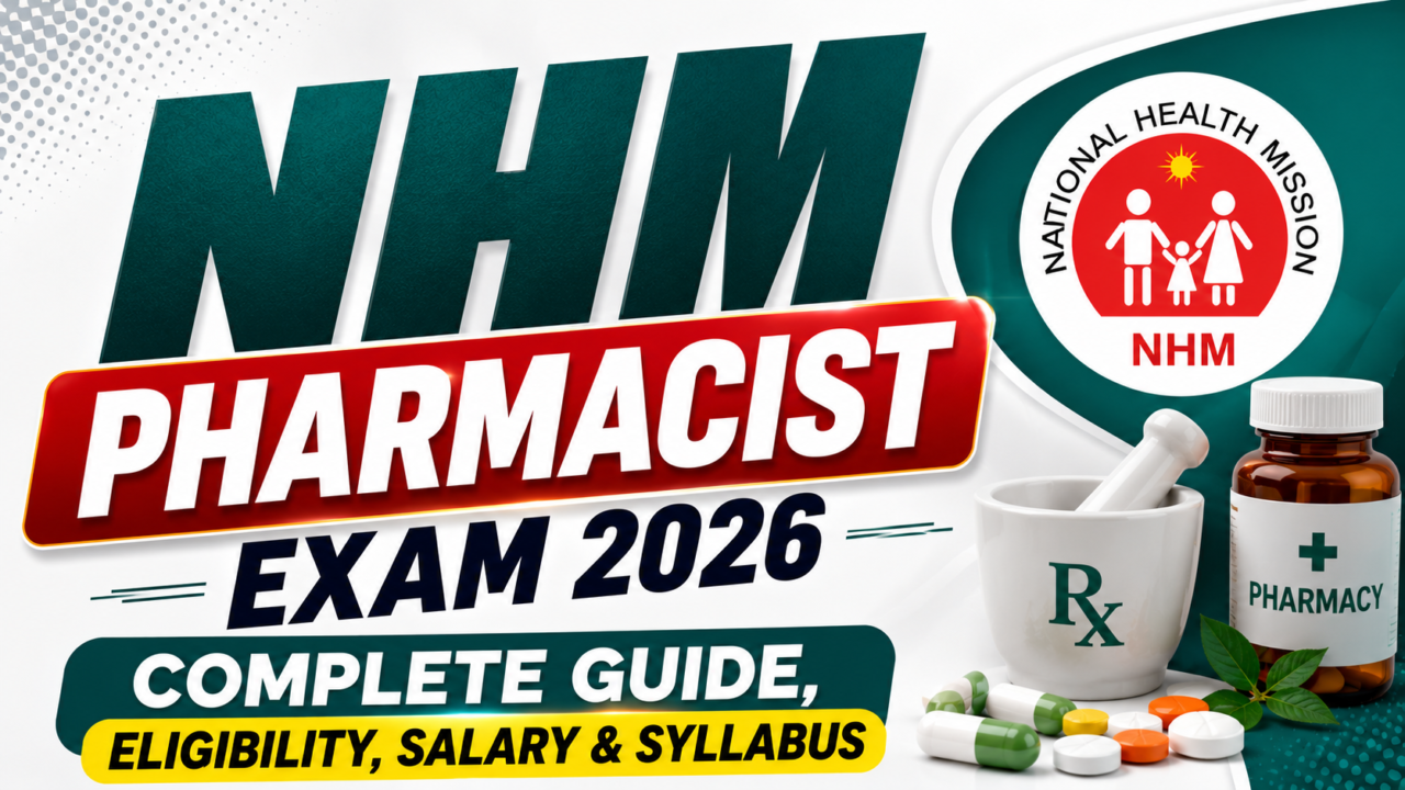 Modern 16:9 YouTube thumbnail for NHM Pharmacist Exam 2026 featuring bold typography, NHM logo, pharmacy bottle, capsules, and medical-themed graphics in green, white, and red color scheme.