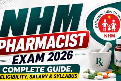 Modern 16:9 YouTube thumbnail for NHM Pharmacist Exam 2026 featuring bold typography, NHM logo, pharmacy bottle, capsules, and medical-themed graphics in green, white, and red color scheme.