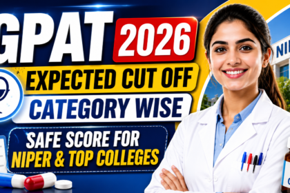 Bright and eye-catching GPAT 2026 Expected Cut Off thumbnail featuring a pharmacy student, NIPER building, and bold text about category-wise safe scores for top colleges.