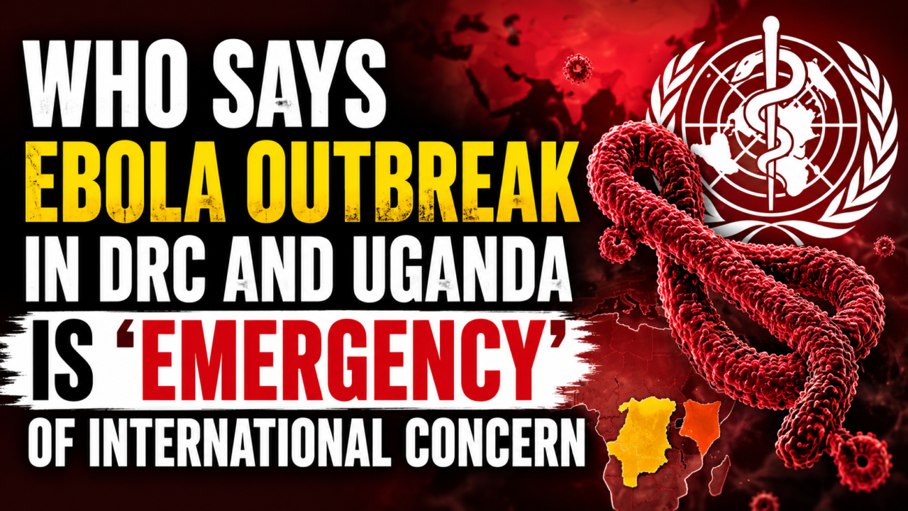 Breaking news style thumbnail showing Ebola virus outbreak in DRC and Uganda declared an international emergency by WHO, featuring red virus graphics, WHO logo, and bold alert text.