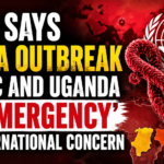Breaking news style thumbnail showing Ebola virus outbreak in DRC and Uganda declared an international emergency by WHO, featuring red virus graphics, WHO logo, and bold alert text.