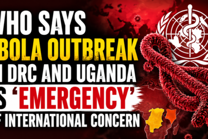 Breaking news style thumbnail showing Ebola virus outbreak in DRC and Uganda declared an international emergency by WHO, featuring red virus graphics, WHO logo, and bold alert text.