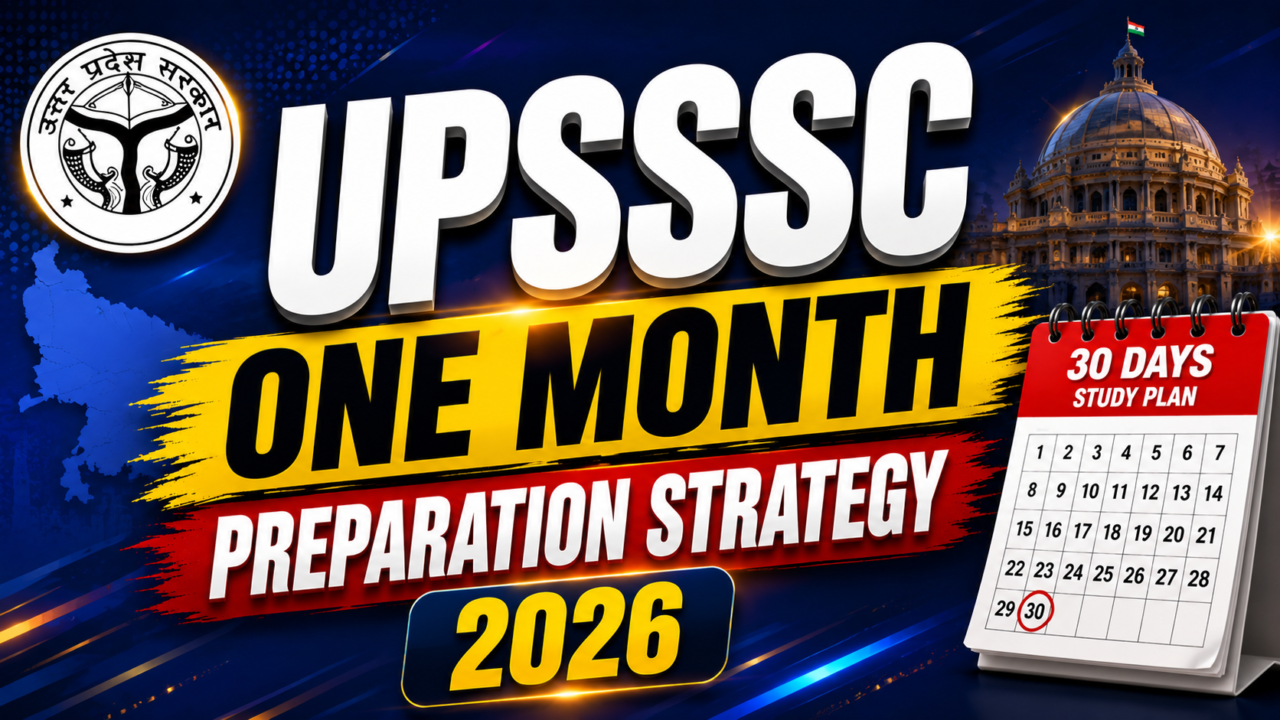 UPSSSC One Month Preparation Strategy 2026 thumbnail with bold blue and yellow design, 30 days study plan calendar, and motivational exam preparation theme.