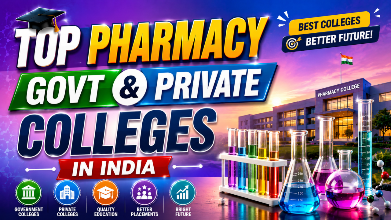 Bright and colorful thumbnail featuring “Top Pharmacy Govt & Private Colleges in India” text with a modern pharmacy college building, chemistry test tubes, laboratory glassware, and vibrant academic visuals on a purple-blue gradient background.