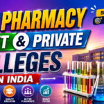 Bright and colorful thumbnail featuring “Top Pharmacy Govt & Private Colleges in India” text with a modern pharmacy college building, chemistry test tubes, laboratory glassware, and vibrant academic visuals on a purple-blue gradient background.