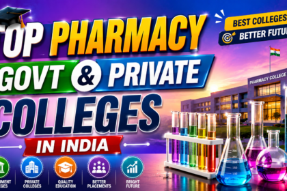 Bright and colorful thumbnail featuring “Top Pharmacy Govt & Private Colleges in India” text with a modern pharmacy college building, chemistry test tubes, laboratory glassware, and vibrant academic visuals on a purple-blue gradient background.