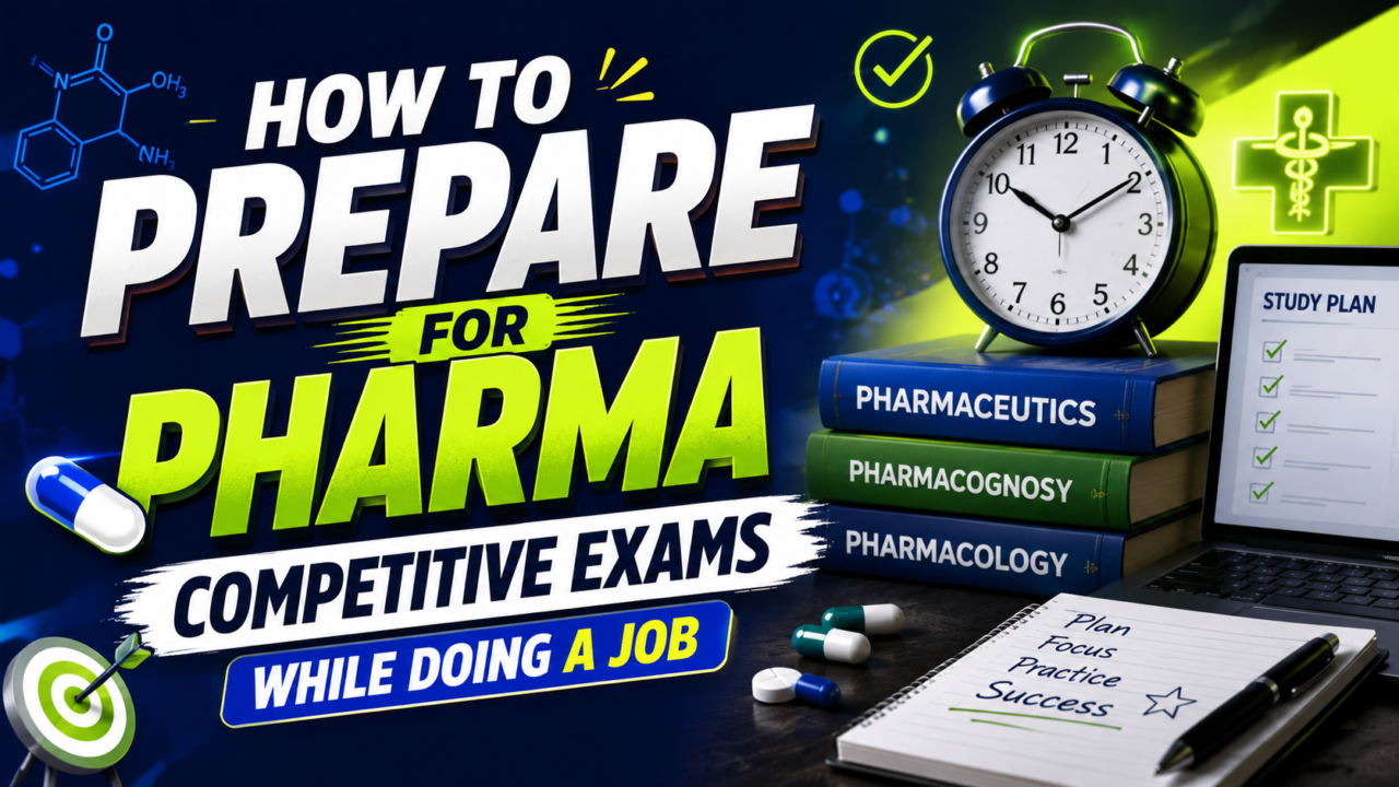 Colorful 16:9 YouTube thumbnail about preparing for pharma competitive exams while doing a job, featuring bold typography, books, alarm clock, study plan, and medical icons in blue and neon yellow theme.