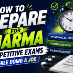 Colorful 16:9 YouTube thumbnail about preparing for pharma competitive exams while doing a job, featuring bold typography, books, alarm clock, study plan, and medical icons in blue and neon yellow theme.