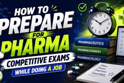 Colorful 16:9 YouTube thumbnail about preparing for pharma competitive exams while doing a job, featuring bold typography, books, alarm clock, study plan, and medical icons in blue and neon yellow theme.
