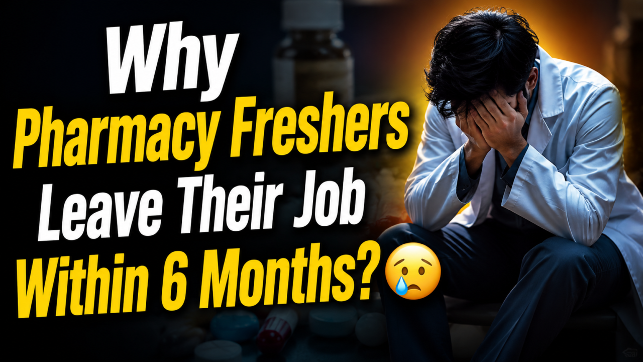 Sad pharmacy fresher sitting stressed in lab coat with text about quitting pharma jobs within 6 months.
