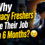 Sad pharmacy fresher sitting stressed in lab coat with text about quitting pharma jobs within 6 months.