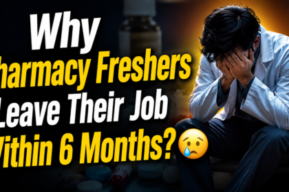 Sad pharmacy fresher sitting stressed in lab coat with text about quitting pharma jobs within 6 months.