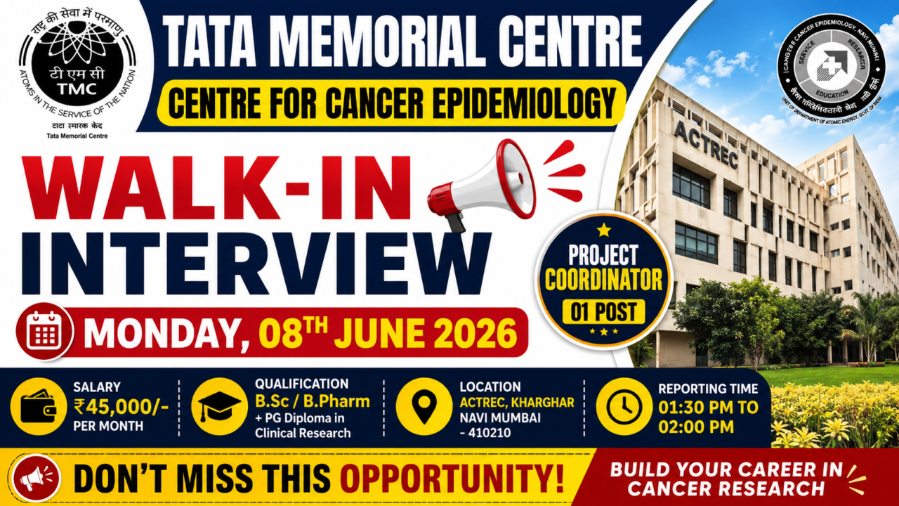 Tata Memorial Centre walk-in interview thumbnail featuring Project Coordinator vacancy, salary details, interview date, and ACTREC building image in a bold professional design.