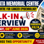 Tata Memorial Centre walk-in interview thumbnail featuring Project Coordinator vacancy, salary details, interview date, and ACTREC building image in a bold professional design.