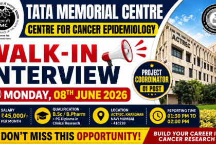 Tata Memorial Centre walk-in interview thumbnail featuring Project Coordinator vacancy, salary details, interview date, and ACTREC building image in a bold professional design.